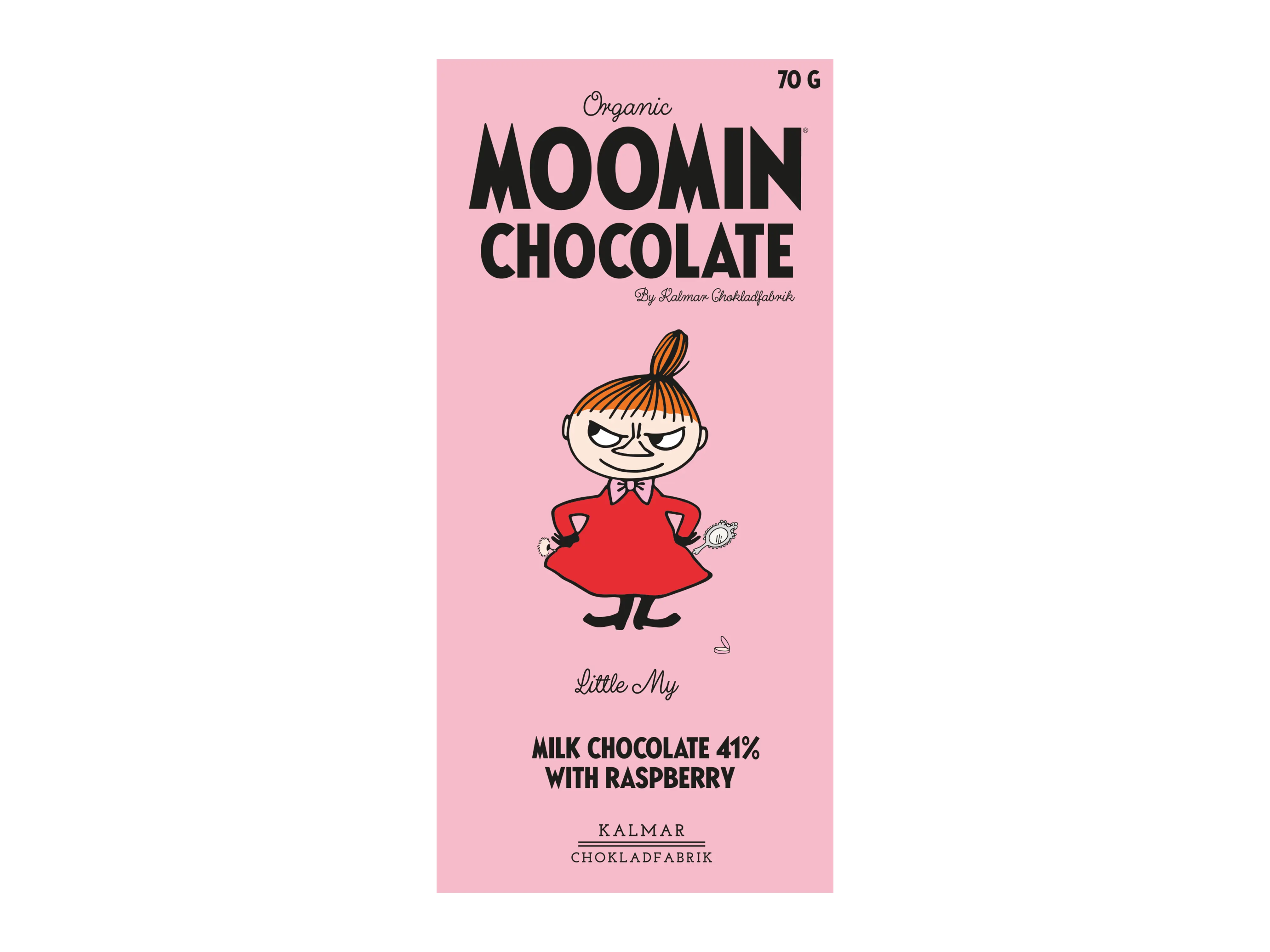 ムーミンの登場人物と飾られた桃色チョコ包み紙です。