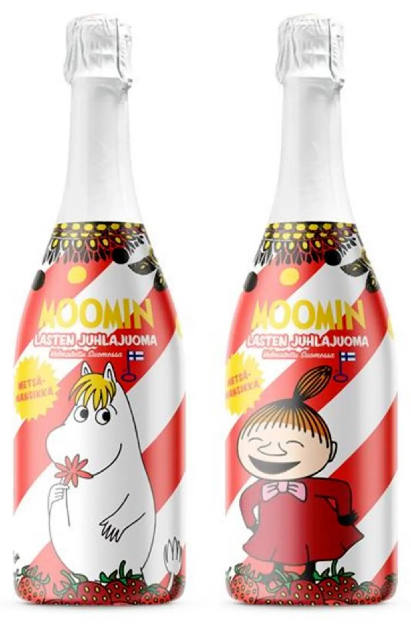 ムーミンの登場人物と飾られた赤い瓶がある。